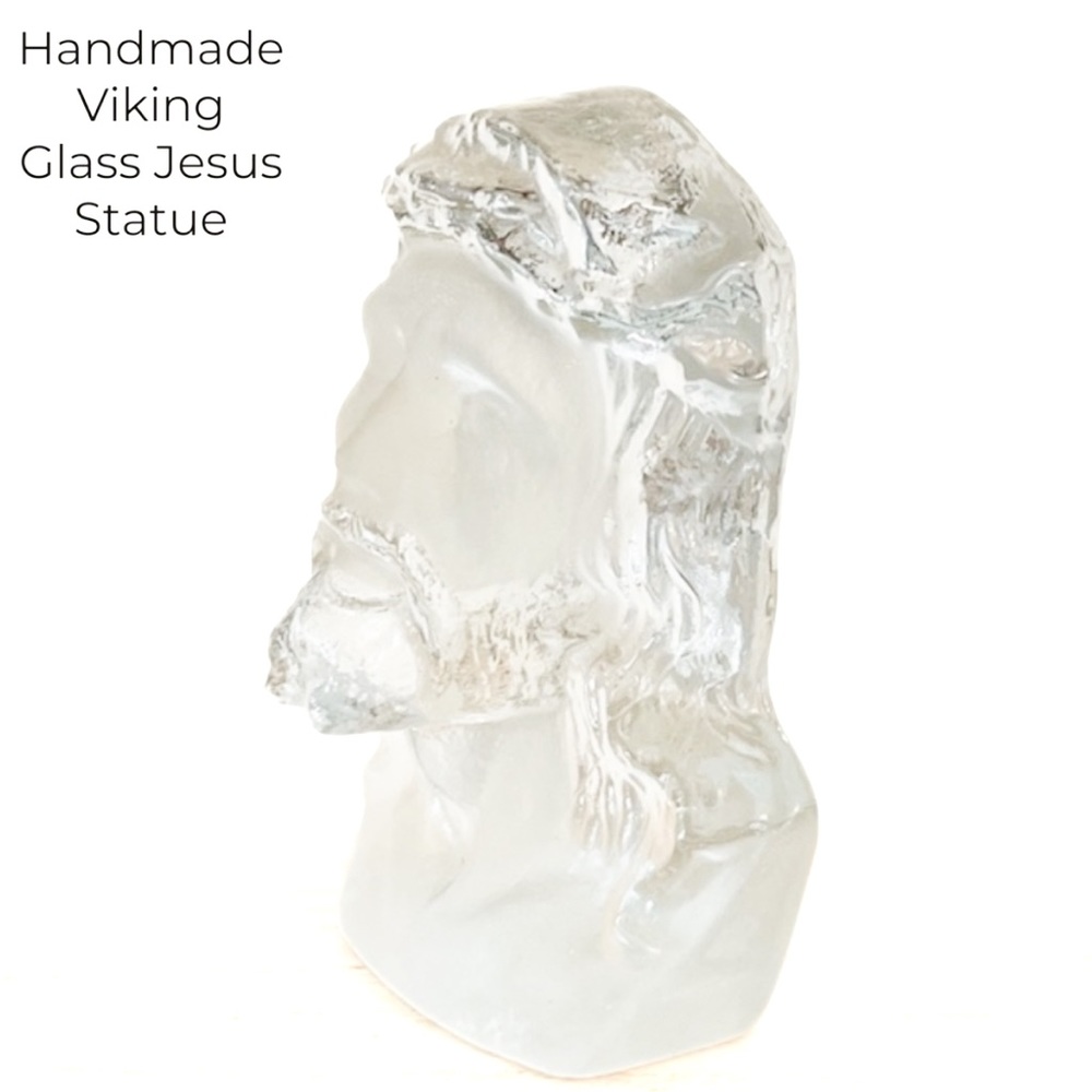 Vintage Viking Thick Glass Handmade Crystal Carved Jesus 3-D Carving Figure